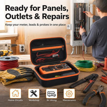 Boobowl Multimeter Case for Klein MM325/MM420/69149P and Fluke 115/117 | Hard EVA Shell, Soft Lining, Removable Divider, Mesh Pocket for Leads and Probes, for Electricians, Black, Case Only