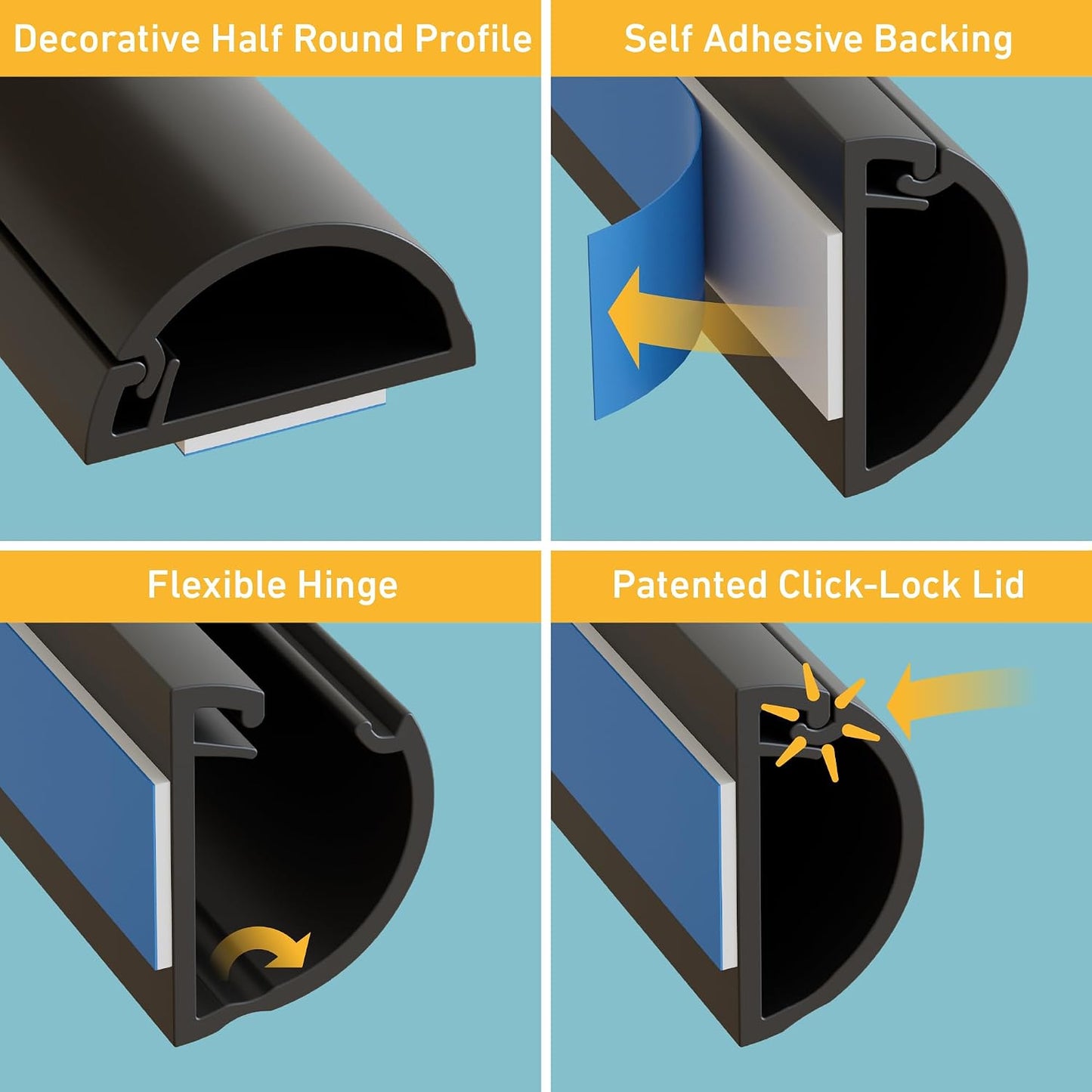 D-Line 157in Cord Cover Kit, Self-Adhesive Wire Hiders, Cable Raceway to Hide Wires on Wall, Electrical Cable Management - 10x 15.7 Lengths & 19 Accessories - 1.18" (W) x 0.59" (H) - Black