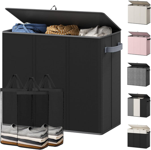 Optish 180L Laundry Hamper 3 Section, Large Laundry Hamper with Lid, Dirty Clothes Hampers with 3 Inner Bags, Laundry Basket Organizer for Laundry, Bedroom, Bathroom, Hamper 3 Compartment, Black