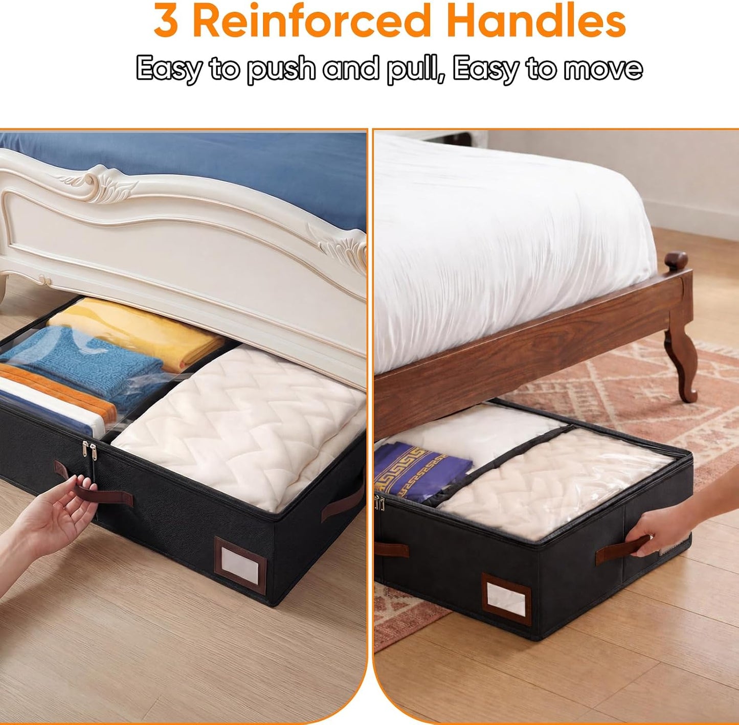 OIAHOMY 2 Pack 53L Under Bed Storage with Adjustable Dividers, 6" Low Profile Underbed Storage Bins for Comforters & Clothes, Save Closet Space with Clear View Lid & Reinforced Handles, Grey
