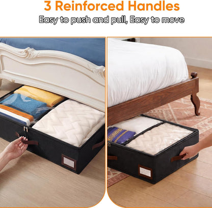 OIAHOMY 2 Pack 53L Under Bed Storage with Adjustable Dividers, 6" Low Profile Underbed Storage Bins for Comforters & Clothes, Save Closet Space with Clear View Lid & Reinforced Handles, Grey