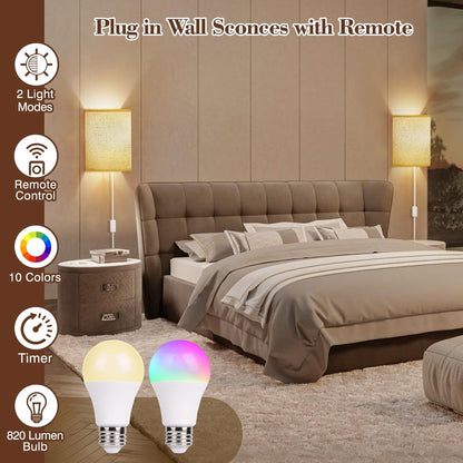 Battery Operated Wall Sconce Set of Two: 10000mAh Wireless Wall Light with Rechargeable Magnetic Bulb - Dimmable Wall Lamp with 7 RGB Colors - Linen Shade Sconces with Remote for Bedroom Living Room