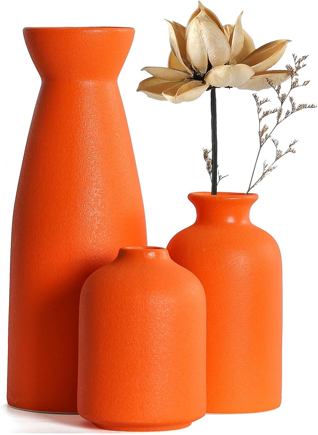 CEMABT Beige Ceramic vase Set-3 Small Flower vases for Decor,Modern Boho Farmhouse Home Decor,Decorative vase for Pampas Grass&Dried Flowers,idea Shelf,Table,Bookshelf ，Entryway- Distressed