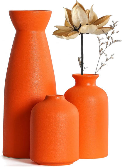 CEMABT Beige Ceramic vase Set-3 Small Flower vases for Decor,Modern Boho Farmhouse Home Decor,Decorative vase for Pampas Grass&Dried Flowers,idea Shelf,Table,Bookshelf ，Entryway- Distressed