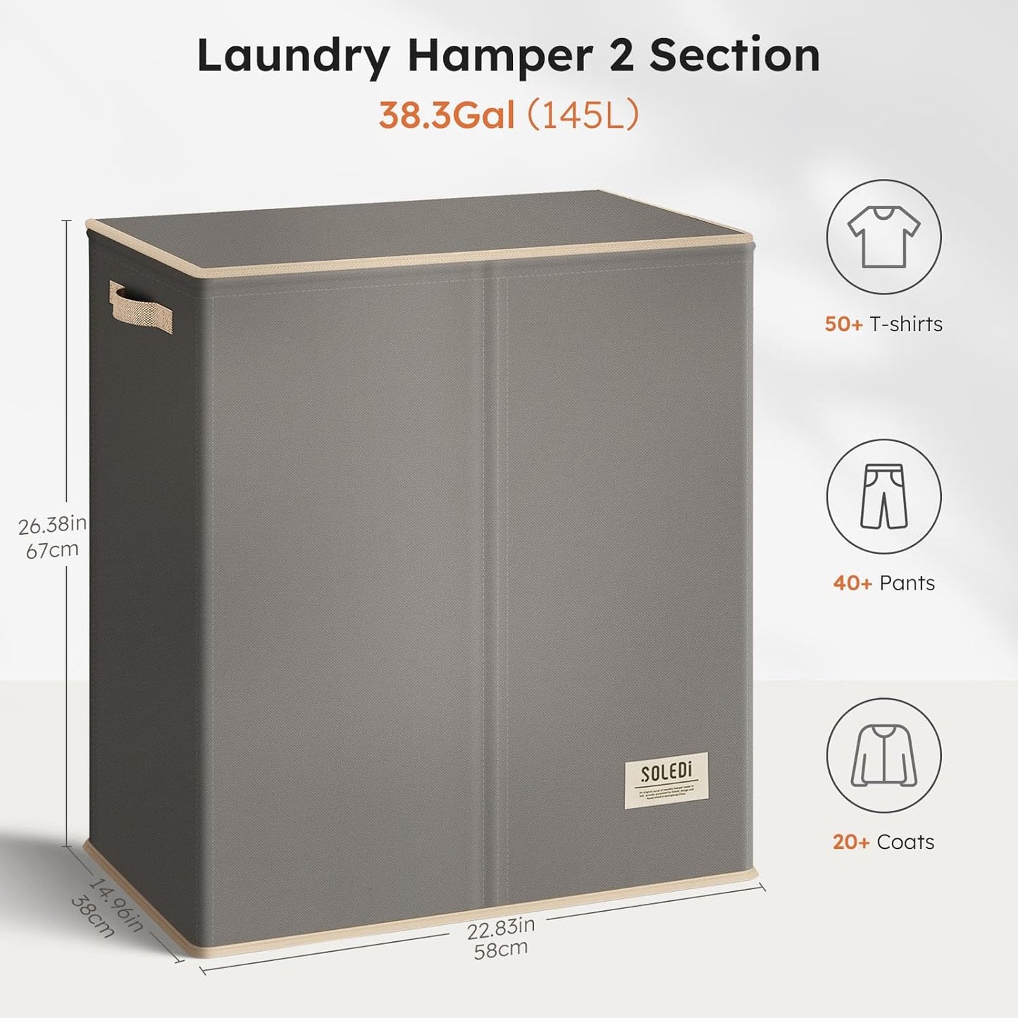 SOLEDI Luxury Double Laundry Hamper with Lid and Removable Bags, 38.3 Gal Large Laundry Bin, Laundry Basket 2 Sections, Collapsible Clothes Hamper for Bedroom, Laundry Room, Bathroom, Off-white
