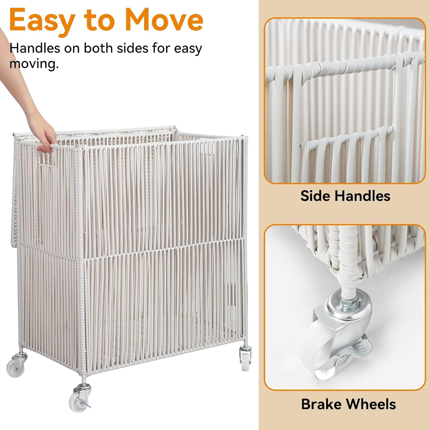 WOWLIVE Laundry Hamper with Wheels, 160L Handwoven Rolling Laundry Basket 3 Section with Lid, Clothes Hamper with Removable Liner Bags, Large Capacity Laundry Sorter Laundry Room Organization, Natural