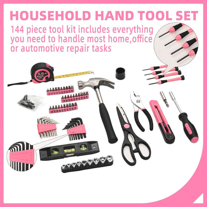 144-Piece General Household Hand Tool Kit with Plastic Toolbox Pink | Basic General Hand Tool Kit, Household Tool Set, for Home Repair, Office & College Dormitory Use, Daily Use for Women