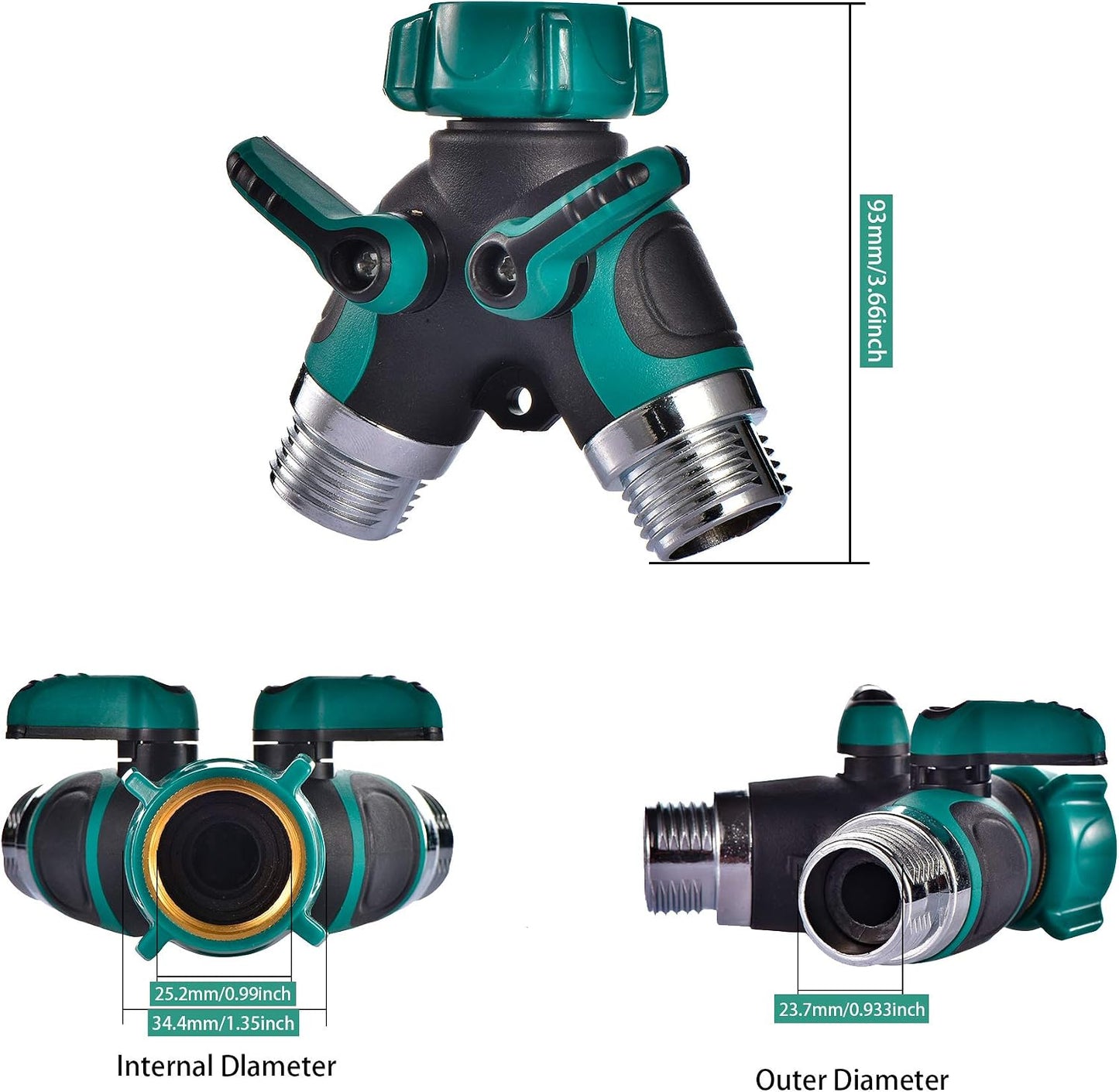 Garden 2 Way Hose Splitter Y Connector with Comfortable Rubber Grip and 360 °Rotatable Top Quick Connect Garden Hose Tee Equipment Valve Shut Off (Green 2)
