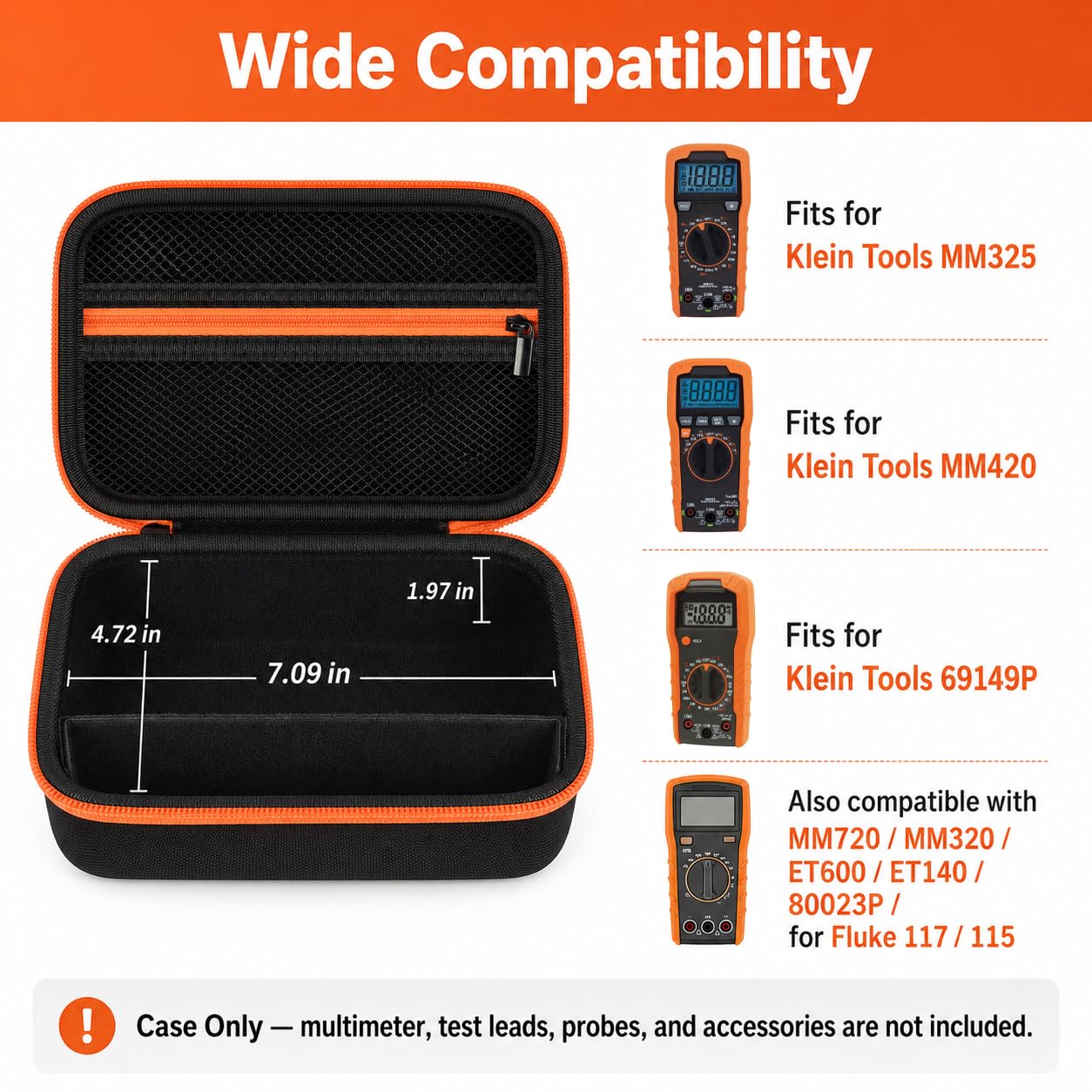 Boobowl Multimeter Case for Klein MM325/MM420/69149P and Fluke 115/117 | Hard EVA Shell, Soft Lining, Removable Divider, Mesh Pocket for Leads and Probes, for Electricians, Black, Case Only