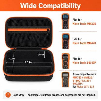 Boobowl Multimeter Case for Klein MM325/MM420/69149P and Fluke 115/117 | Hard EVA Shell, Soft Lining, Removable Divider, Mesh Pocket for Leads and Probes, for Electricians, Black, Case Only