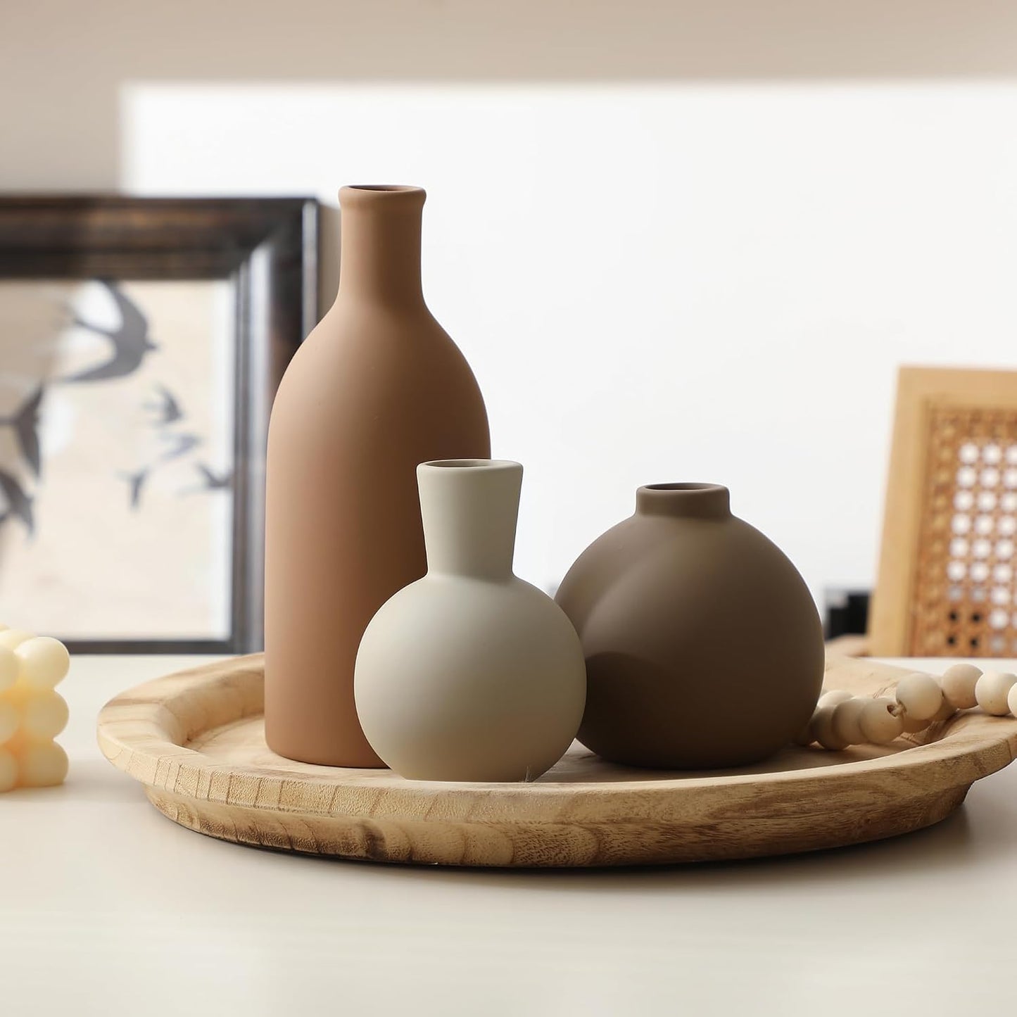 Ceramic Vase Set of 3, Decorative Vases Home Decor Modern Neutral Flower Pampass Boho Vase for Living Room, Table, Mantel, Entryway, Bookshelf, Kitchen, Bedroom, Bathroom - White
