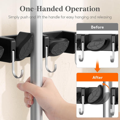 Lifewit Broom and Mop Holder Wall Mount, Non-Slip Cleaning Tool Hanger Organizer with 6 Hooks 5 Slots, Heavy Duty Hanging Broom Utility Rack for Kitchen, Garden, Garage, Laundry, 1 Pack, Black