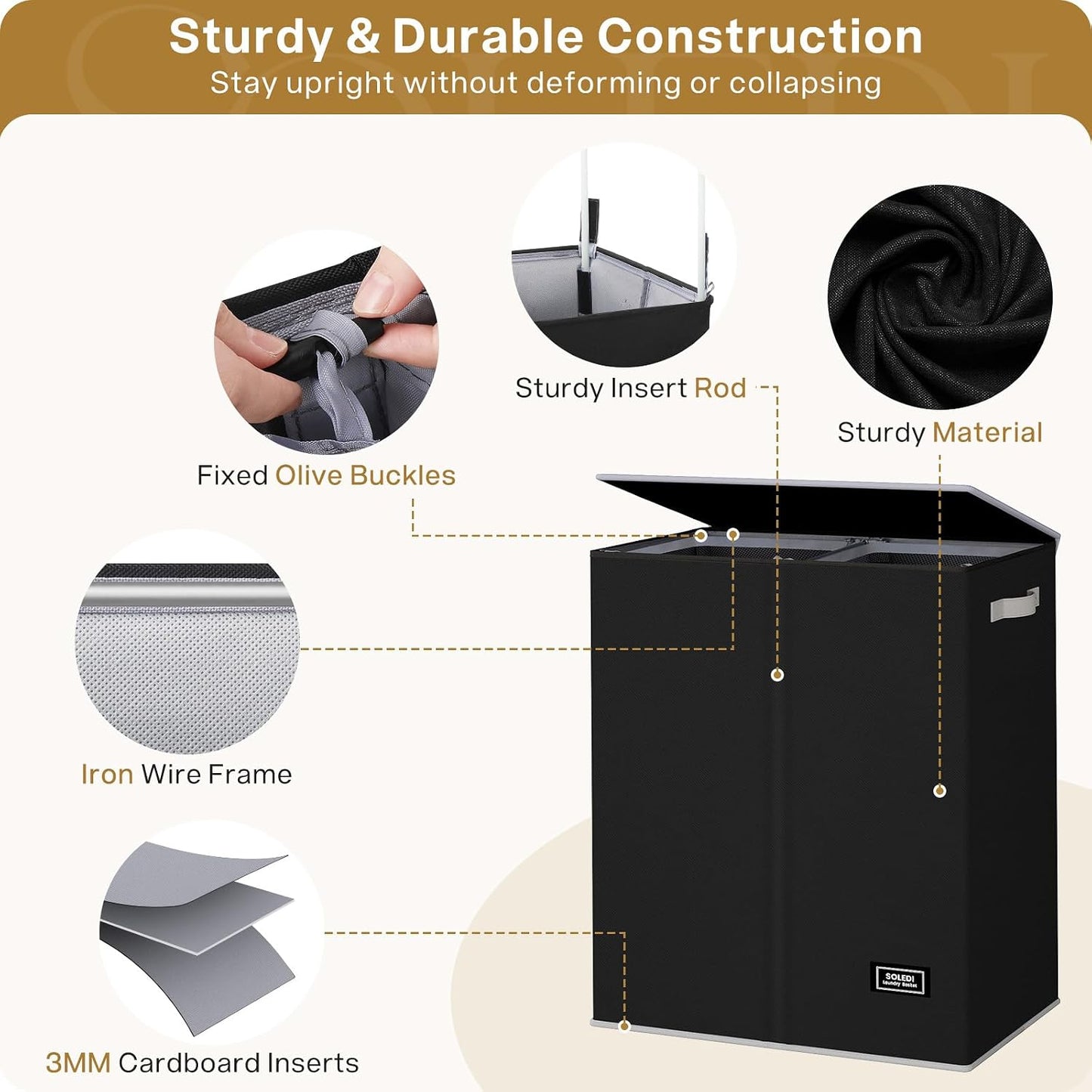 SOLEDI Luxury Double Laundry Hamper with Lid and Removable Bags, 38.3 Gal Large Laundry Bin, Laundry Basket 2 Sections, Collapsible Clothes Hamper for Bedroom, Laundry Room, Bathroom, Off-white