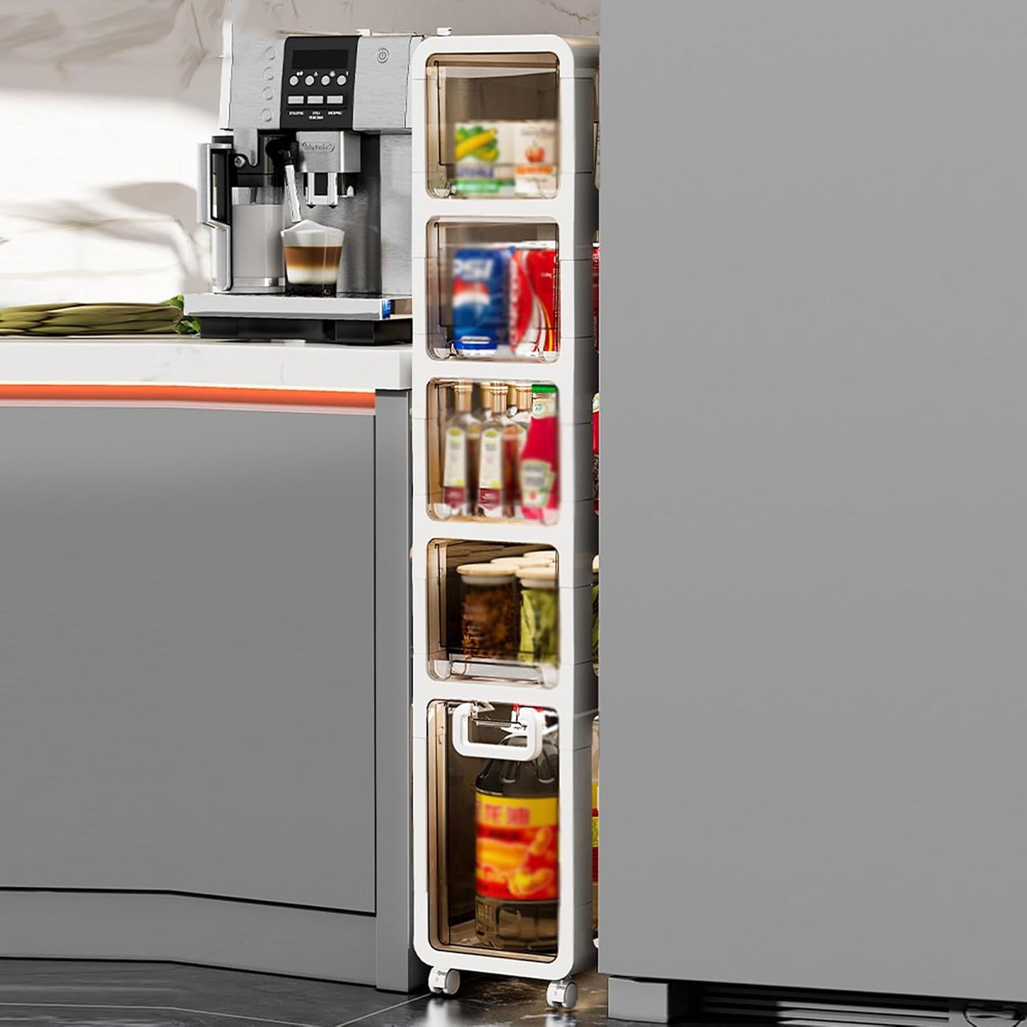 5-Tier Slim Bathroom Storage Cabinet,Narrow Floor Cabinets with Drawers and Wheels,Rolling Narrow Organizer for Small Spaces,Kitchen,Laundry,7.9”W