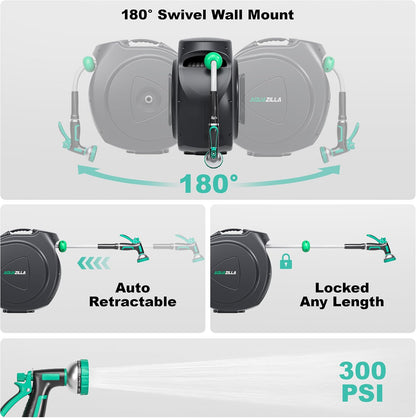 Retractable Garden Hose Reel, 65FT +6FT 5/8" Durable Wall Mounted Water Hose Reel with 180° Swivel Bracket, 9 Pattern Sprayer, 6Ft leader hose,Smooth Automatic Rewind, Any Length Lock.