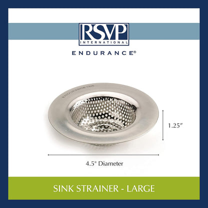 RSVP International Endurance® Stainless Steel Large Sink Strainer, 4.5" | Traps Food Scraps | Polished Finish with Precision Pierced Holes | Dishwasher Safe