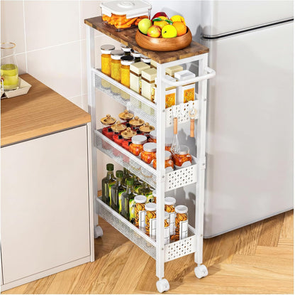 Vivihomety Utility Slim Storage Cart with Wheels, 4 Tier Small Rolling Cart with Wood Top, Metal Kitchen Bathroom Laundry Room Organization Trolley with Handle for Narrow Space – Black