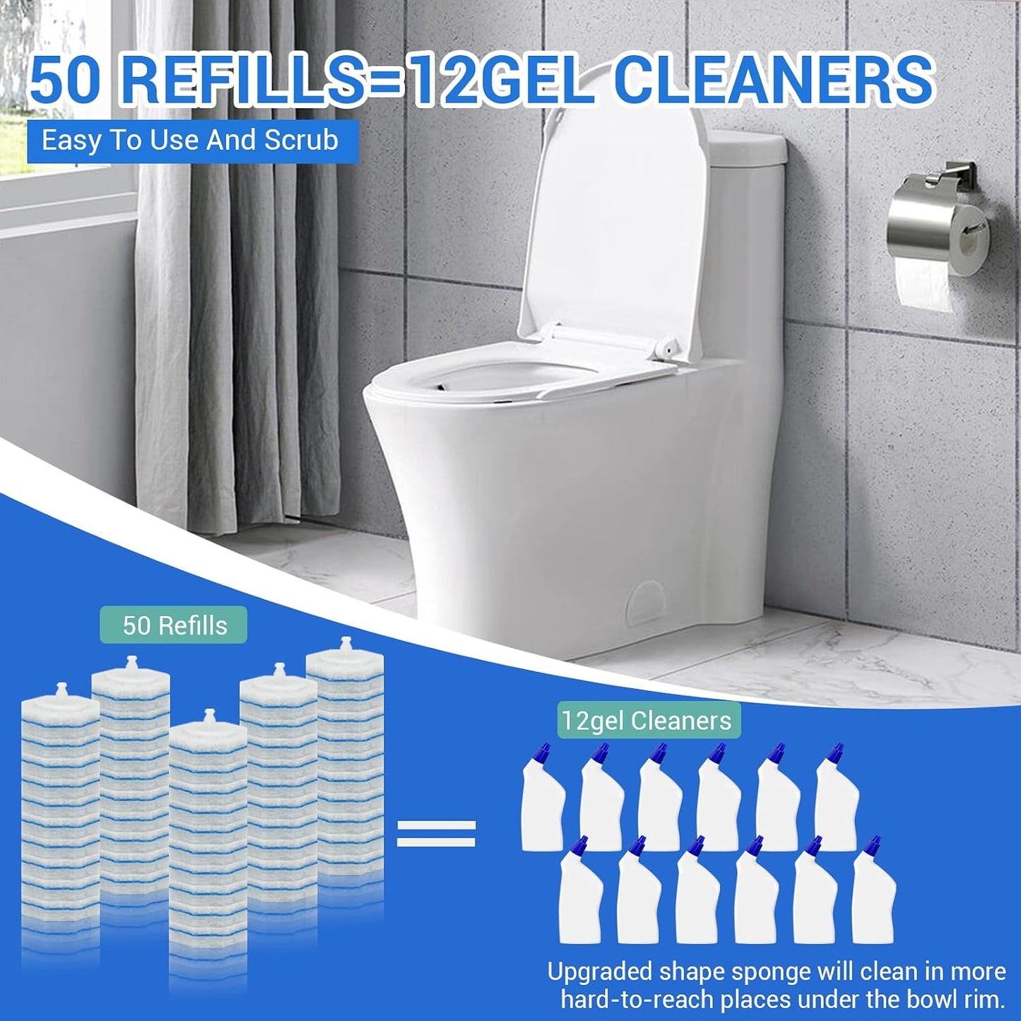 50 Pack Disposable Toilet Brush Refills, Universal Compatible Replacement Heads, 3-Layer Deep Cleaning Sponges for Bathroom Wand, Blue & White Striped Scrubbers