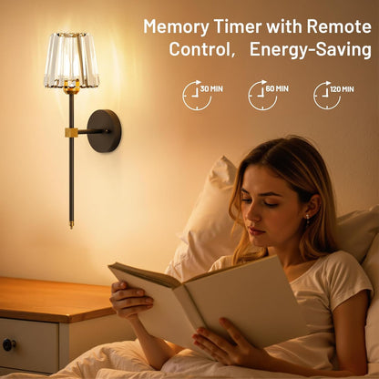 Crystal Battery Operated Wall Sconces Set of 2, Gold Rechargeable Wireless Wall Sconce Lights with Crystal Lampshade, 12 RGB and 3CCT Dimmable Wall Lamps with Remote for Bedroom Living Room Hallway