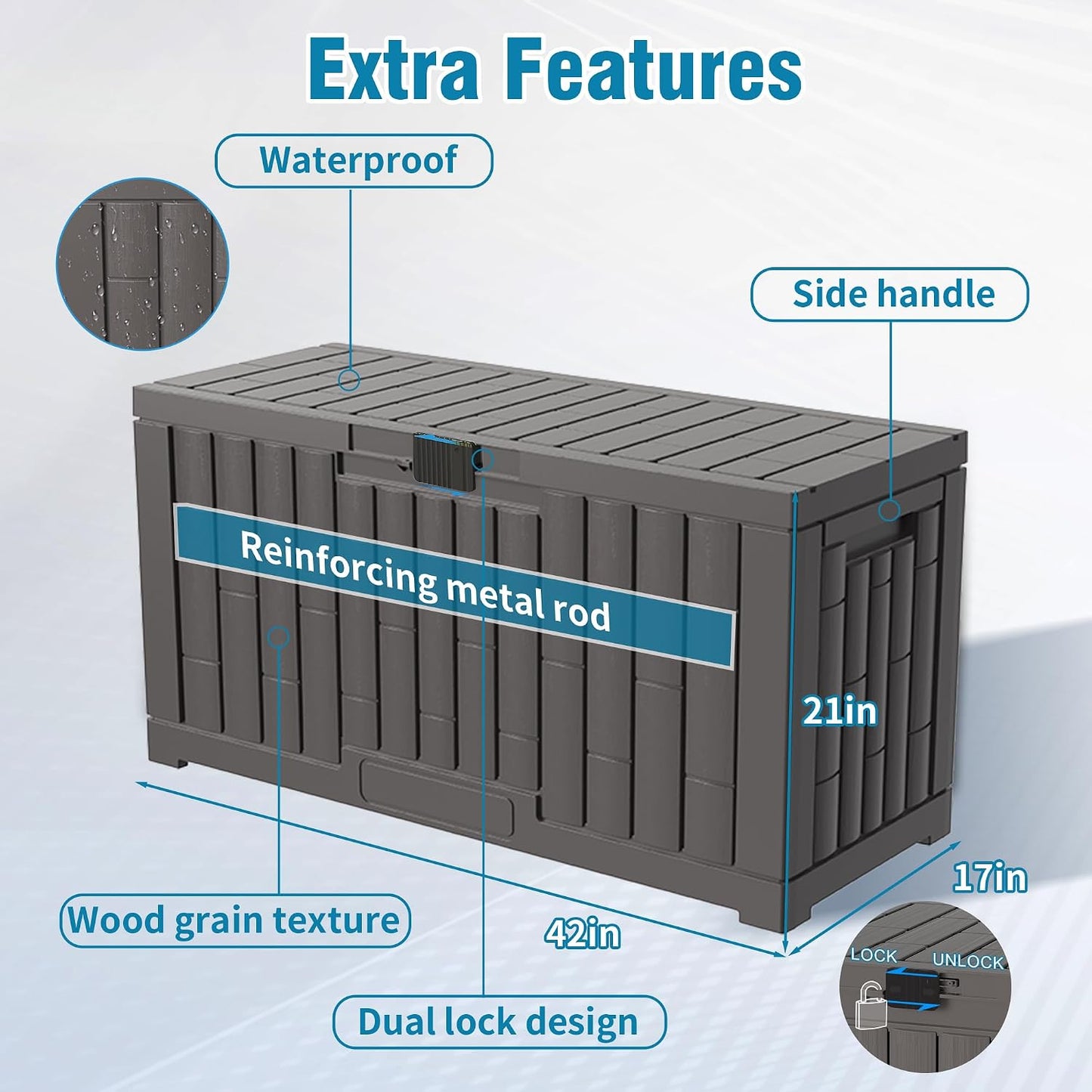 Outdoor Storage Box, 60 Gallon Waterproof Deck Box, Lockable Storage Container, Built-in Reinforcing Metal Rod Outside Resin Bin for Patio, Garden, Poolside and Garage