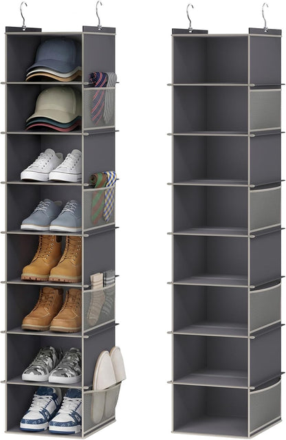 YOUDENOVA Upgraded Extra Wide Hanging Shoe Organizer for Closet, 8-Shelf Storage Organizer with 8 Side Pockets, Hanging Shoe Rack for Hats Clothes Jeans, Grey