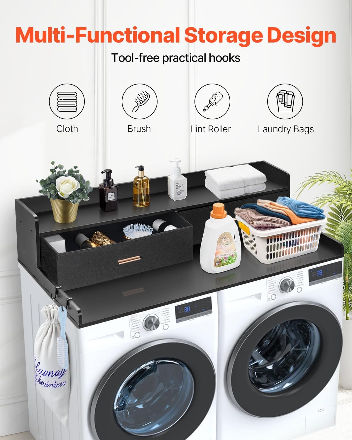 VEVOR Washer Dryer Countertop with 2-Tier Shelf, 54" x 27" Wooden Washer and Dryer Countertop with Anti-Slip Pads, Water-Resistant Laundry Topper Cover for Laundry Room Organization and Storage, Black