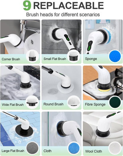 Electric Spin Scrubber, Cordless Cleaning Brush, Shower Scrubber IPX7 Waterproof Bathroom Scrubber, Adjustable Extension Handle, Floor Polishers 7 Heads 2H Power Dual Speed for Floor Car Cleaning.