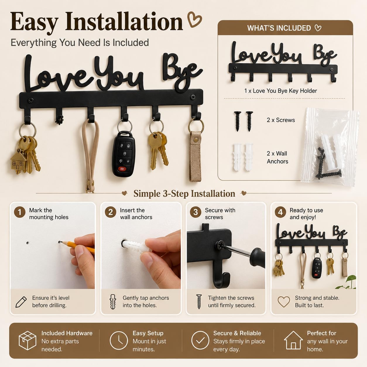 Love You Bye Sign Key Holder Hook Wall Mounted Key Holder Rack Organizer Hanger with 6 Hooks for Wall Express Love Art Decor for Entryway Front Door Kitchen Hallway Office (Love You Bye)