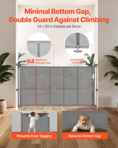 VEVOR Retractable Baby Gate, 34 inch Tall, Extends up to 71 inch Wide, Retractable Gate for Kids or Pets, Mesh Material, Easy to Install for Indoor Stairs, Doorways, Hallways, Playrooms, Gray