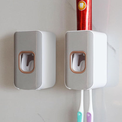 2 Slot Toothbrush Holder and Toothpaste Dispenser Wall Mounted, Automatic Toothpaste Squeezer, 2 in 1 Tooth Brush Toothpaste Organizer for Shower (Grey)