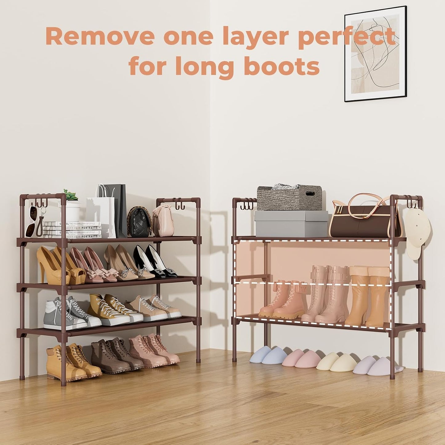 LANTEFUL 3 Tier Shoe Rack for Closet, Shoe Organizer with 5 Hooks, Long Shoe Shelf Storage for Sneaker and Boot Stackable Free Standing Shoe Rack for Entryway, Garage, Small Spaces, Dorm
