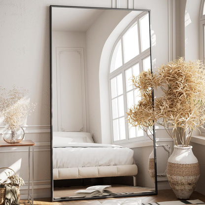 VooBang Mirror Full Length - 21" x 57" Floor Mirror with Stand, Aluminum Alloy Frame Full Body Mirror, Standing Hanging or Leaning Against Wall for Bedroom and Living Room, Black