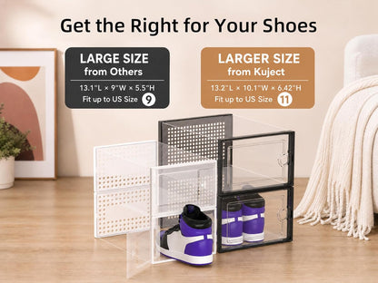 Kuject X-Large Shoe Storage Boxes Organizers for Closet 12 Pack, Fit Size 11,Clear Plastic Stackable Sneaker Containers for Entryway, Space Saving Shoe Rack, Brown