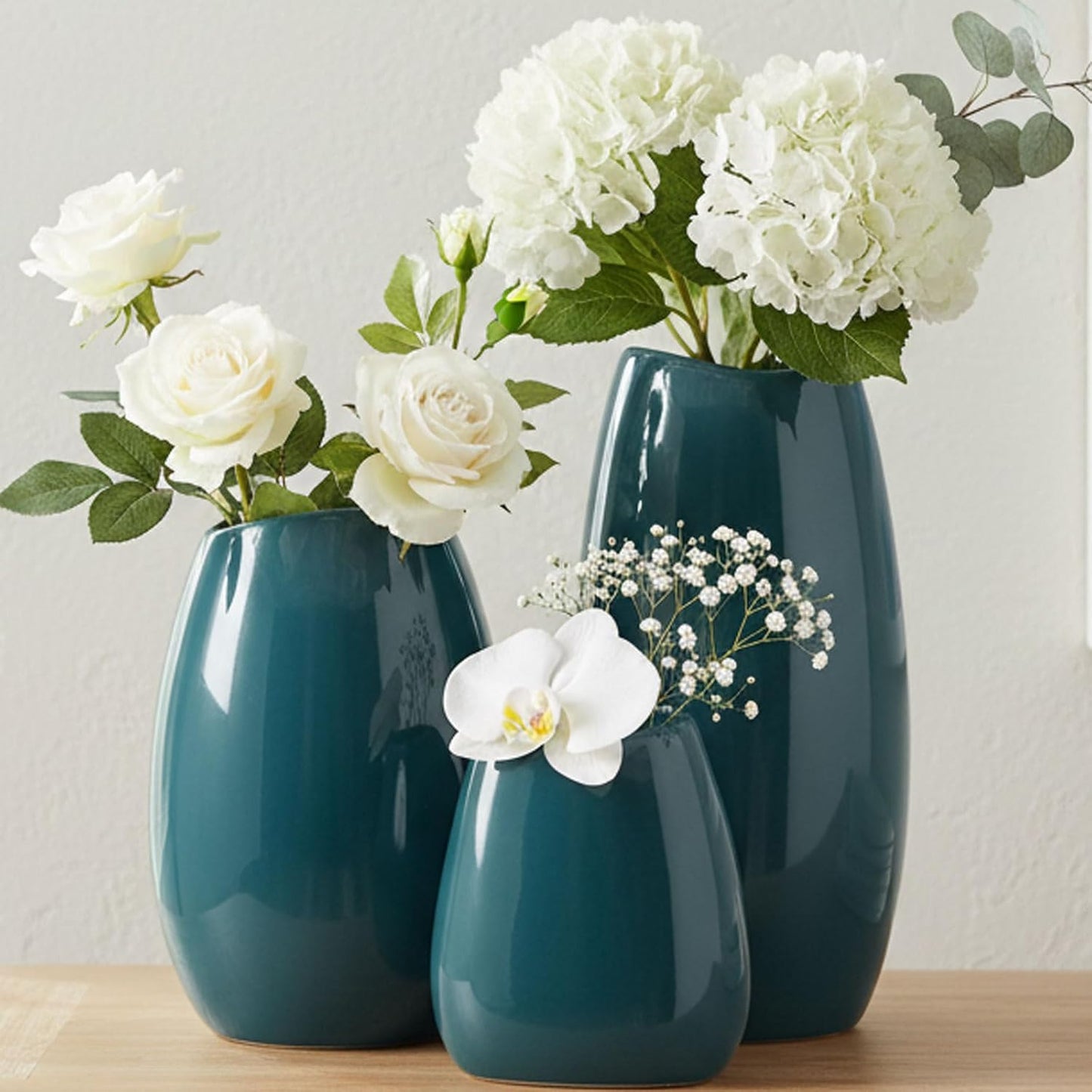 hjn Ceramic Vase Set of 3 White Flower Vase for Home Decor, Modern Decorative Vases for Flowers/Ideal Shelf Decor/Table/Living Room/Kitchen/Office-White