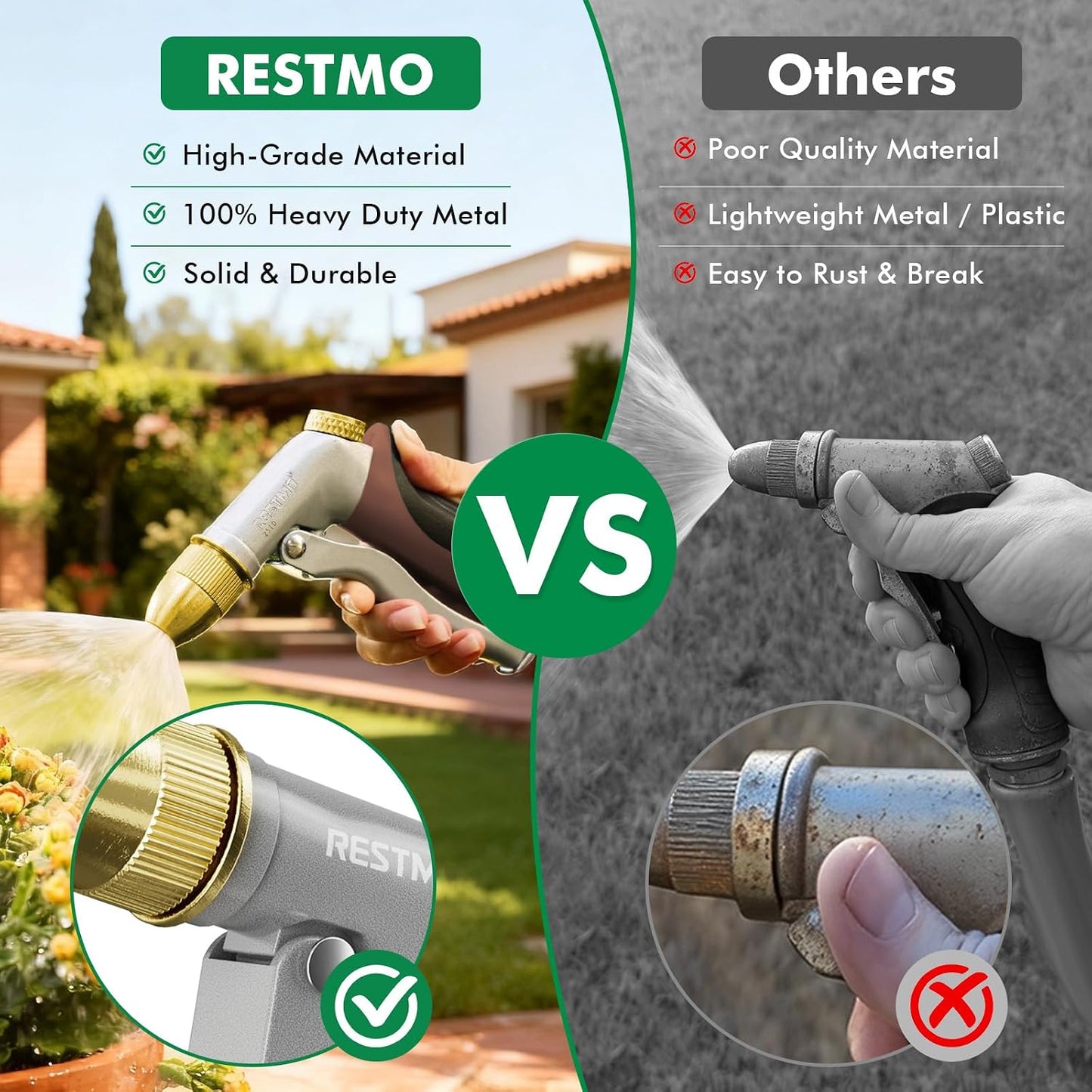 RESTMO Metal Water Hose Nozzle, Heavy Duty Garden Hose Sprayer for Outdoor | Adjustable Brass Spray Head, 4 Watering Patterns, Jet | Mist | Cone | Full, Leak-proof, Ideal for Lawn & Plant & Car, Green