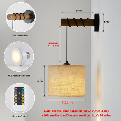 XSDeTu Rechargeable Battery Operated Wall Sconces Set of 2, Modern Battery Powered Wall Light with Wooden Arm & Remote Control, Adjustable 3 Colors Dimmable Wall Lamps for Bedroom, Living Room