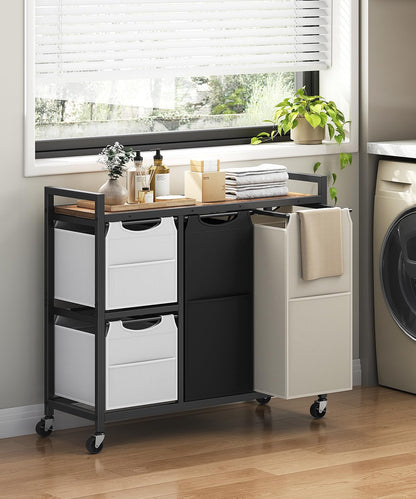 HOOBRO Laundry Sorter with 4 Section, 34 Gal. (127 L) Laundry Hamper with Wheels, Rolling Laundry Basket with Shelves, Pull-Out Detachable Bags, Side Pockets, White, Natural and Beige WNE14XY01N1