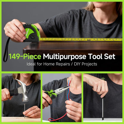 PULITUO Drill Set, 149-Piece Home Tool Set with 12V Pink Cordless Drill, Tool Box, Hand Tool Kits for Women & Men and DIY Enthusiasts, for Home Improvement