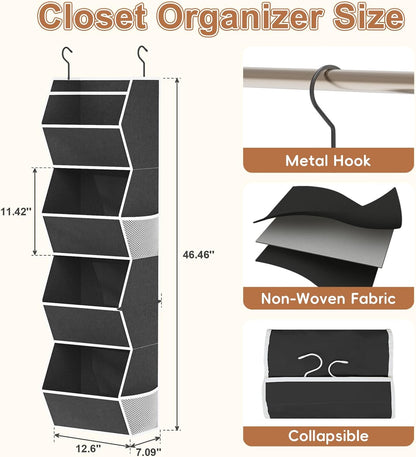Hanging Closet Organizer 4 Shelf Collapsible Bedroom Closet Organizers and Storage Hanging with Mesh Pockets for Clothes, Fabric Hanging Storage Bins for Wardrobe Closet Organization and Storage, Grey
