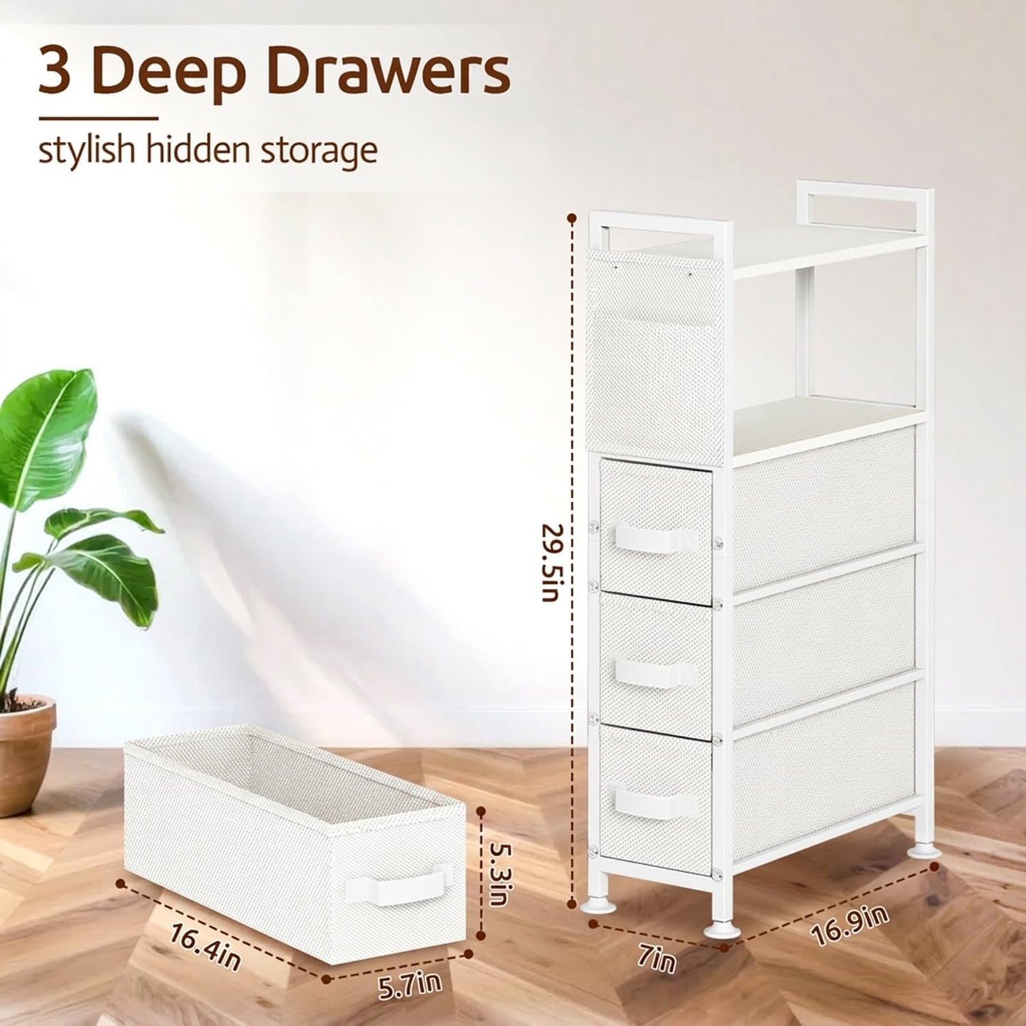 Oppro Small Narrow Side End Table, 2 Drawer Slim Nightstand Bedside Sofa Table with Wheels, Space Saving Rolling Skinny Thin Desk with Storage Bag for Bedroom Living Room Couch Bathroom Dorm