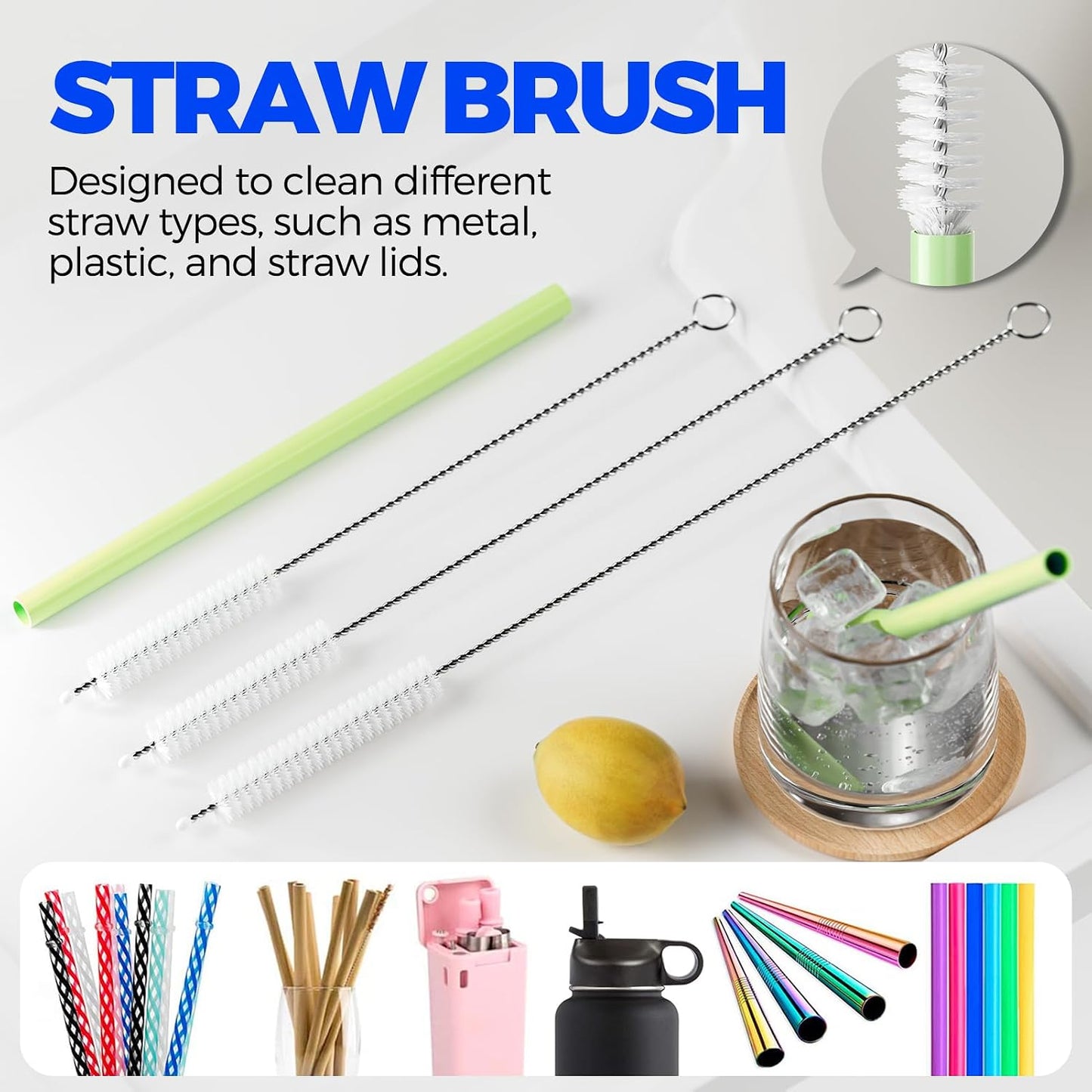 6 Pack Holikme 4 in 1 Cup Lid Cleaning Brush Set with 3 Straws, Multifunctional Bottle Brush, Silicone Cup Lid Gap Cleaner, Bristle Crevice Cleaning Brush, Flat End Brushes, Navy & Black & Olive