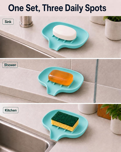 3 Pack Silicone Soap Dish with Drain, Bar Soap Holder for Shower/Bathroom, Self Draining Waterfall Soap Tray/Saver for Kitchen, Keep Soap Dry, Easy to Clean