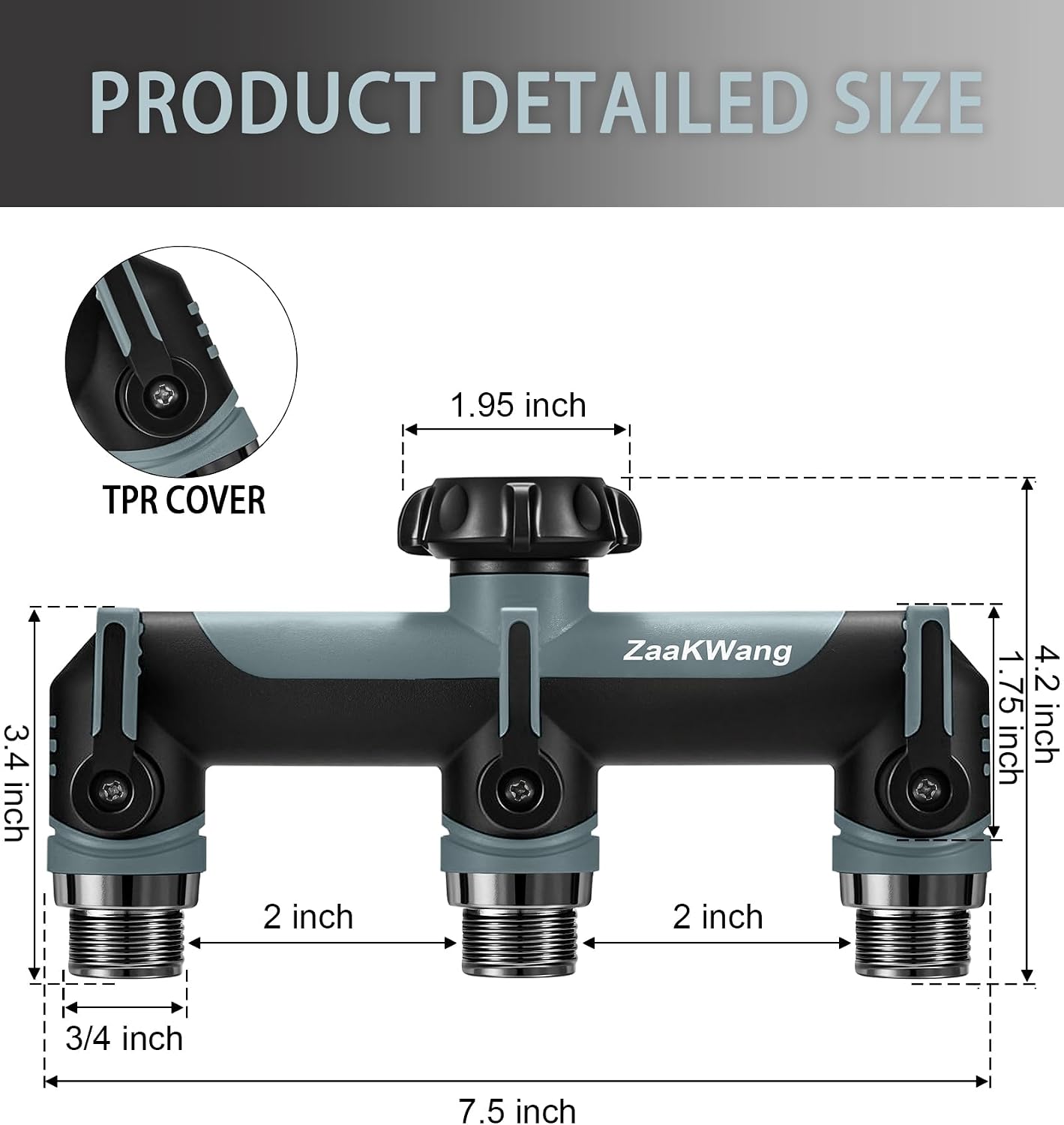 Garden Hose Splitter 2 Way, Heavy Duty Water Hose Spigot Bib Splitter, Outdoor Faucet Splitter with Shutoff Valve, T Adapter Connector with 3/4 - Inch GHT Thread (Grey)