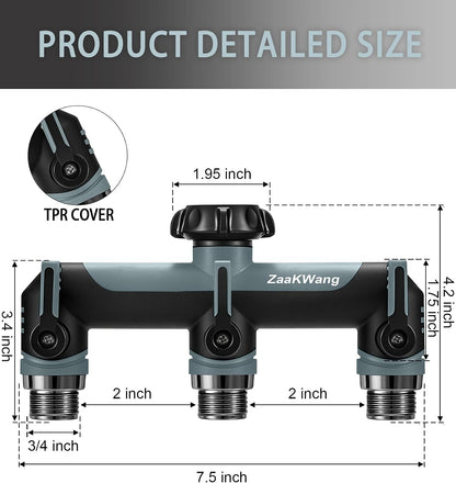 Garden Hose Splitter 2 Way, Heavy Duty Water Hose Spigot Bib Splitter, Outdoor Faucet Splitter with Shutoff Valve, T Adapter Connector with 3/4 - Inch GHT Thread (Grey)