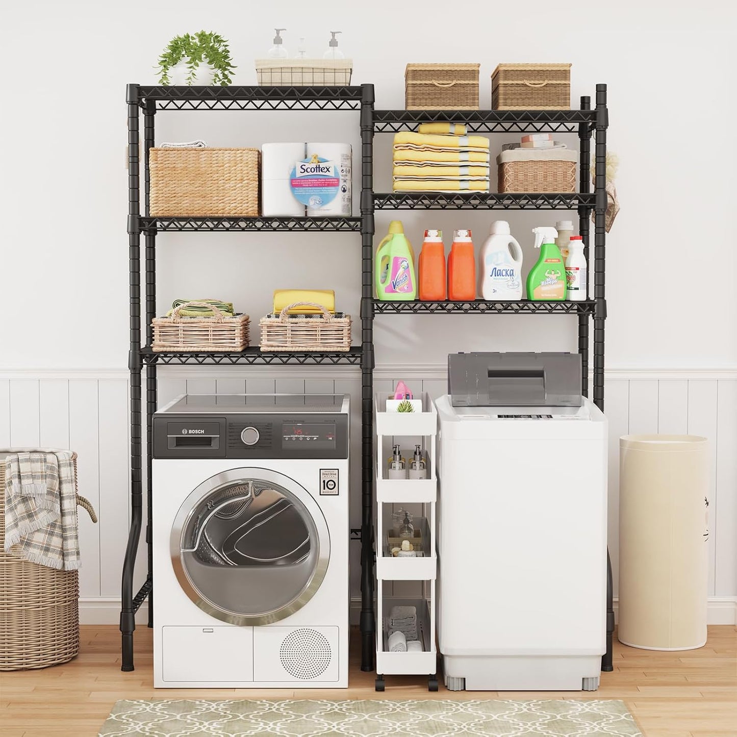 ULIFHOME U15 Over Washer and Dryer Storage Shelves, Laundry Above Washer Dryer Storage Rack Space Saver, 6-Tier Wire Shelf with 4 Hooks for Organization, 63.4"W x 17.3"D x 76.4"H, Holds 568lbs, White