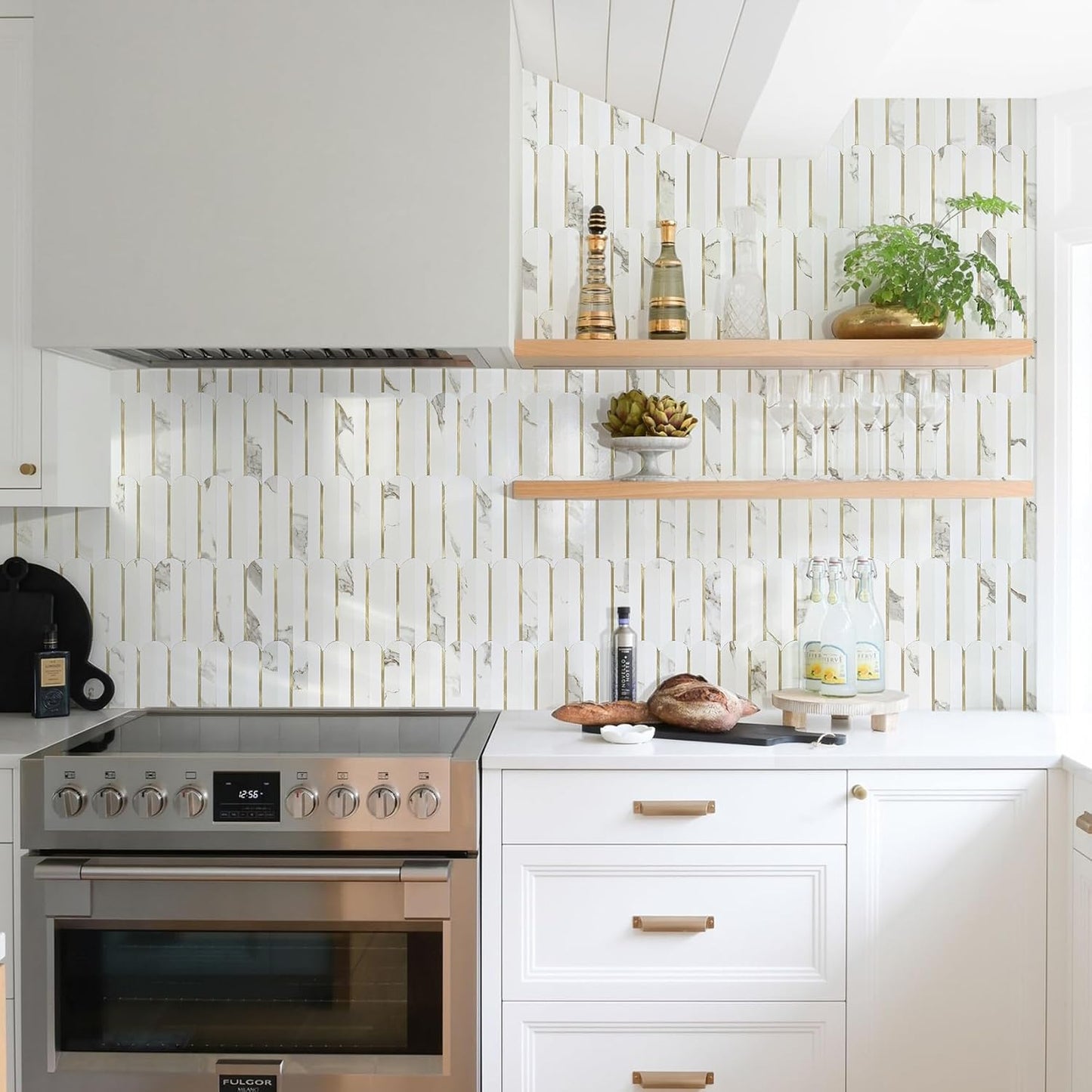 Vamos Peel and Stick Backsplash Seamless Tile for Kitchen and Bathroom,White and Beige Slate PVC Mixed Light Gold Self Adhesive Fish Scale Metal Mosaic Tiles (10 Sheets)