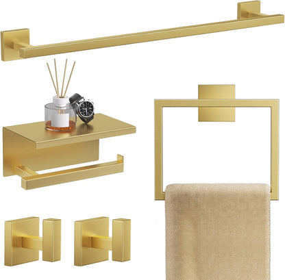 TQKAG Brushed Gold Bathroom Hardware Accessories Set 10 Pieces, 23.6" SUS304 Stainless Steel Towel Bar Set Wall Mounted Includes Single Towel Bar, Towel Ring, Toilet Paper Holder, Double Towel Hooks