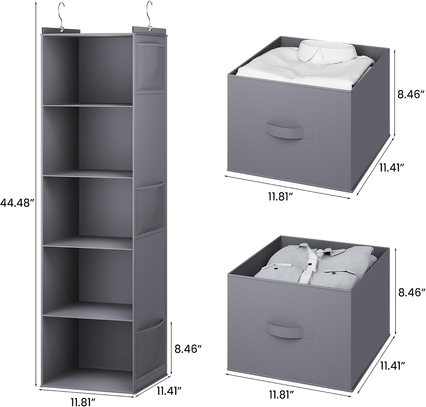 YOUDENOVA Hanging Closet Organizer, 5 Tier Hanging Closet Shelves with 6 Side Pockets and 2 Drawers, Black