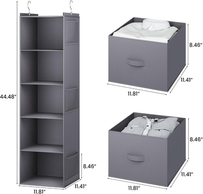 YOUDENOVA Hanging Closet Organizer, 5 Tier Hanging Closet Shelves with 6 Side Pockets and 2 Drawers, Black