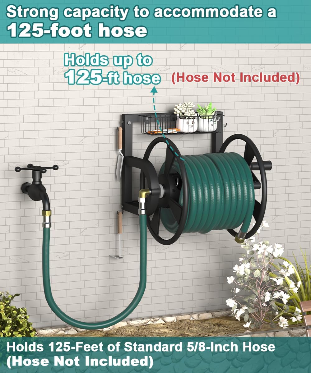 Artigarden Outdoor Wall Mounted Hose Reel with Hook, Garden Heavy-Duty Water Holder Winder with 3.9 ft Leader Hoses, Brass Fitting and Storage Basket for Yard, Holds 125 Ft of 5/8-Inch Hose, Black